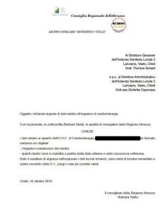 Il documento con la richiesta dei dati relativi all'organico di cardiochirurgia